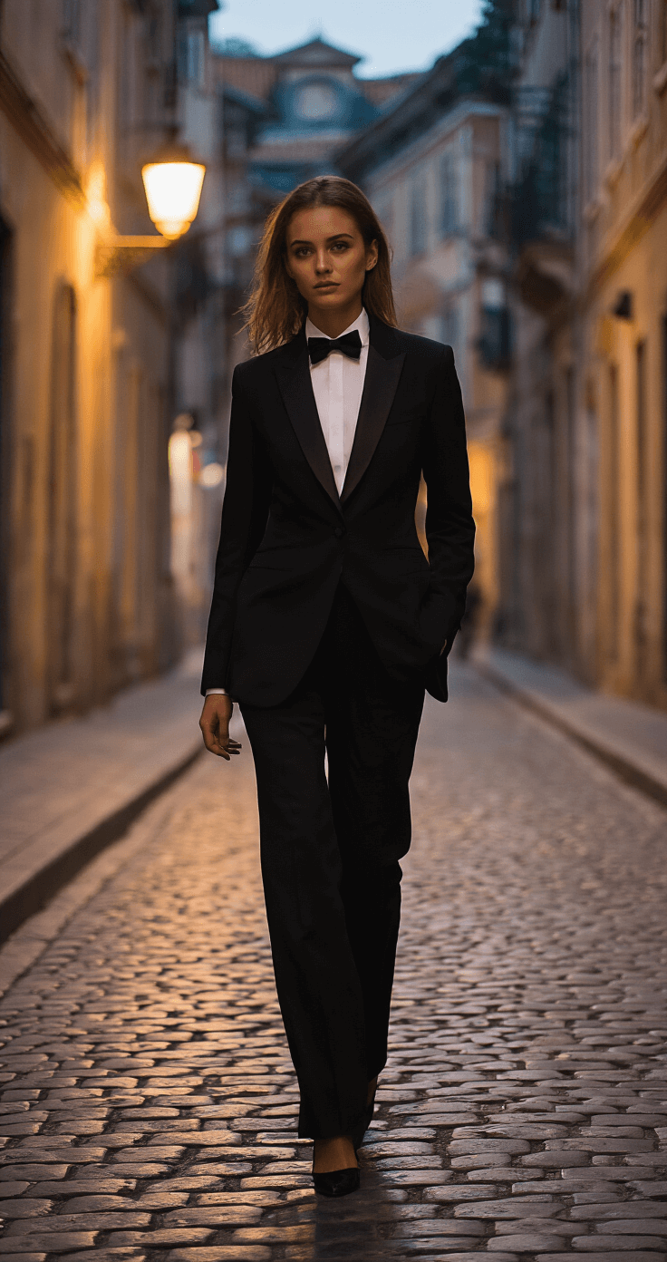 Master the Classic Tuxedo with Bow Tie Look That Never Goes Out of Style A confident woman in a perfectly fitted black tuxedo with a bow tie strides past vintage architecture on a cobblestone European avenue, illuminated by evening streetlamp highlights, showcasing timeless elegance in a deep jewel tone and classic black palette.