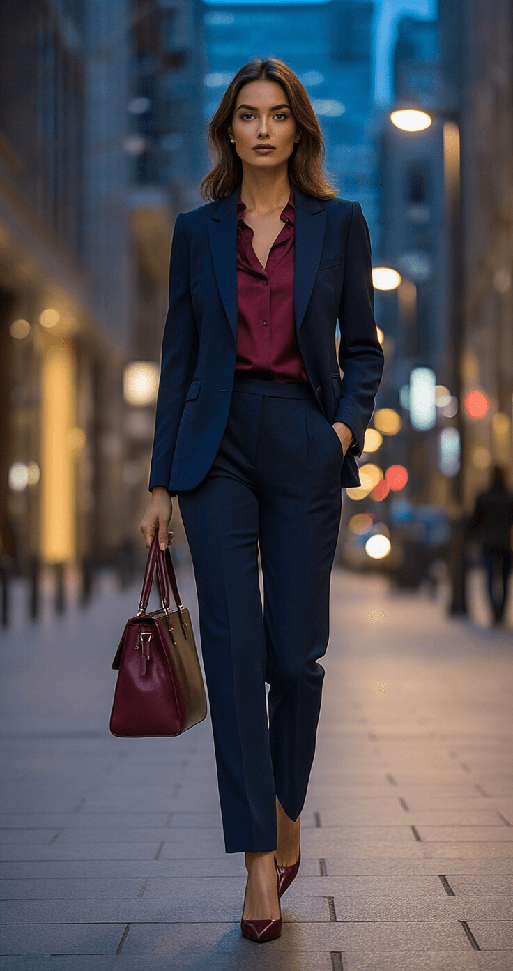 Full-body portrait of a confident woman in a navy suit with burgundy accessories, walking down a chic city street at blue hour. The evening streetlights illuminate her tailored jacket, straight-leg trousers, wine-colored silk blouse, matching handbag, and sleek pumps, set against a backdrop of modern architecture. Shot from a low angle to highlight her sophisticated silhouette.