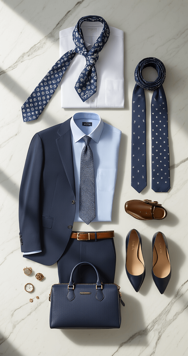 Elegant flat-lay arrangement on a marble surface featuring a navy suit, coordinated white and light blue dress shirts, patterned silk scarves, brown and black leather belts, classic pumps, delicate jewelry, and a structured handbag, with soft morning light highlighting the textures and colors.