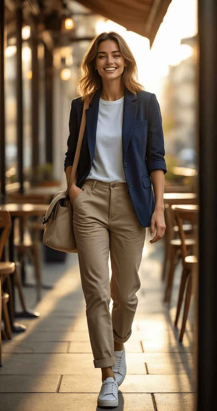 Casual Blazer with Chinos: The Perfect Smart-Casual Combination That Actually Works A woman in a smart-casual outfit, featuring a navy blazer, white tee, and khaki chinos, walks confidently on a sunlit coffee shop terrace, laughing with a canvas messenger bag. The scene captures a warm, golden hour ambiance with earth tones and a stylish urban vibe.