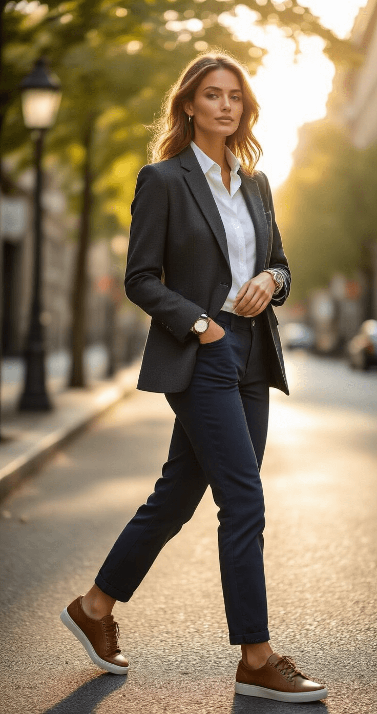 Casual Blazer with Chinos: The Perfect Smart-Casual Combination That Actually Works Candid portrait of a confident woman in a charcoal blazer and white shirt, casually walking through a tree-lined city street during golden hour, checking her leather watch amidst dappled sunlight.
