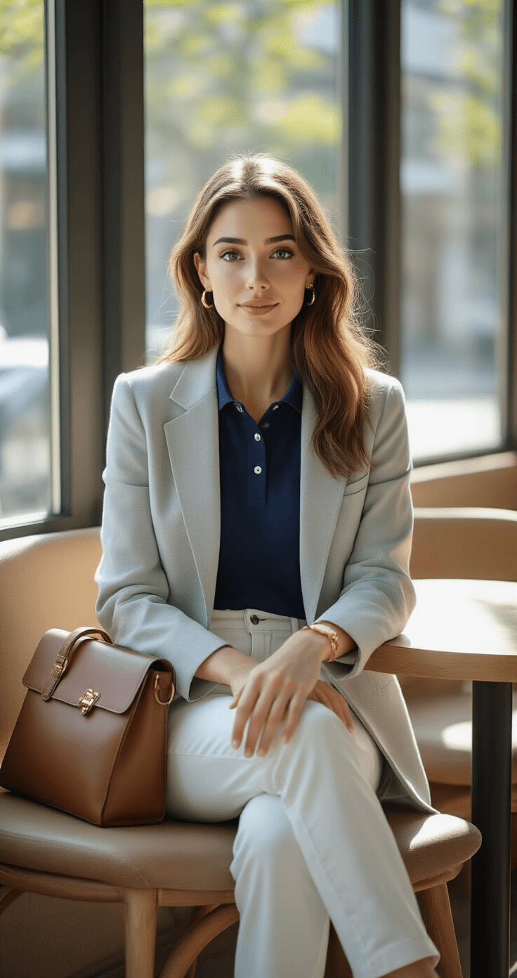 Casual Blazer with Chinos: The Perfect Smart-Casual Combination That Actually Works A woman in a light gray blazer and navy polo sits at a café table by large windows, enjoying afternoon sunlight. She wears white chinos and slip-on white sneakers, accompanied by a leather handbag and delicate gold accessories, embodying relaxed confidence and elegance in a minimalist setting.