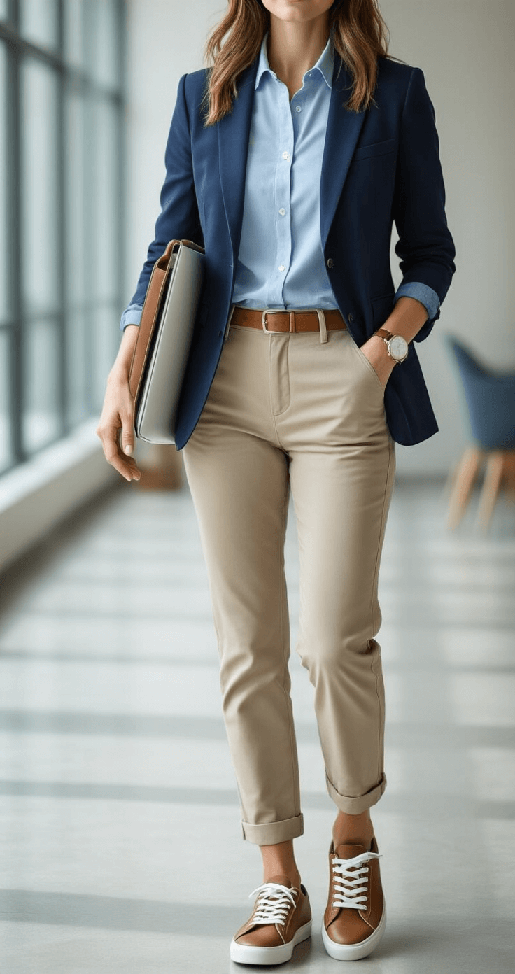 Casual Blazer with Chinos: The Perfect Smart-Casual Combination That Actually Works A woman confidently walks through a modern co-working space, wearing a navy unstructured blazer, light blue shirt, and khaki chinos, complemented by brown leather sneakers and a minimalist laptop bag. Natural light streams in from large windows, highlighting her professional yet casual style.