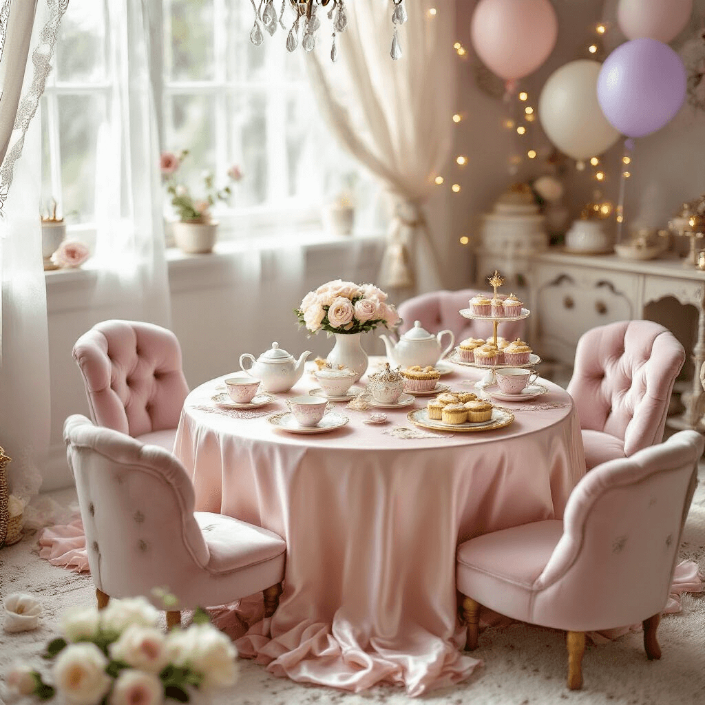Magical Toddler Tea Party Birthday: The Ultimate Guide to Creating Unforgettable Memories Cozy toddler tea party in a living room, featuring a low blush pink silk-draped table surrounded by velvet chairs, adorned with pastel tea sets, fresh white roses, and tiered stands of cupcakes, with fairy lights and lavender balloons adding a whimsical touch.
