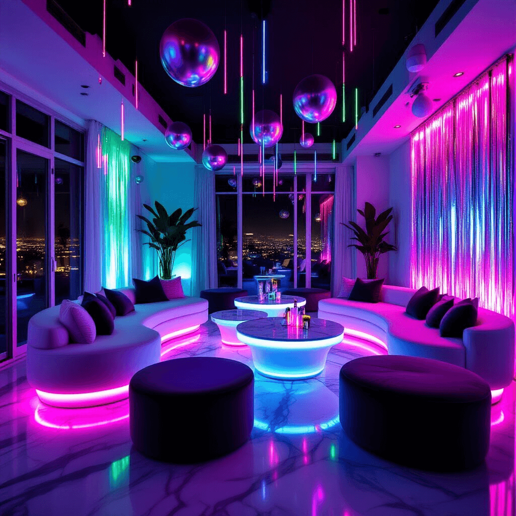 A modern apartment living room transformed into a vibrant glow dance party venue, featuring blacklight illumination, neon glow sticks, plush velvet seating, and dynamic decor in electric hues of purple, blue, and pink.