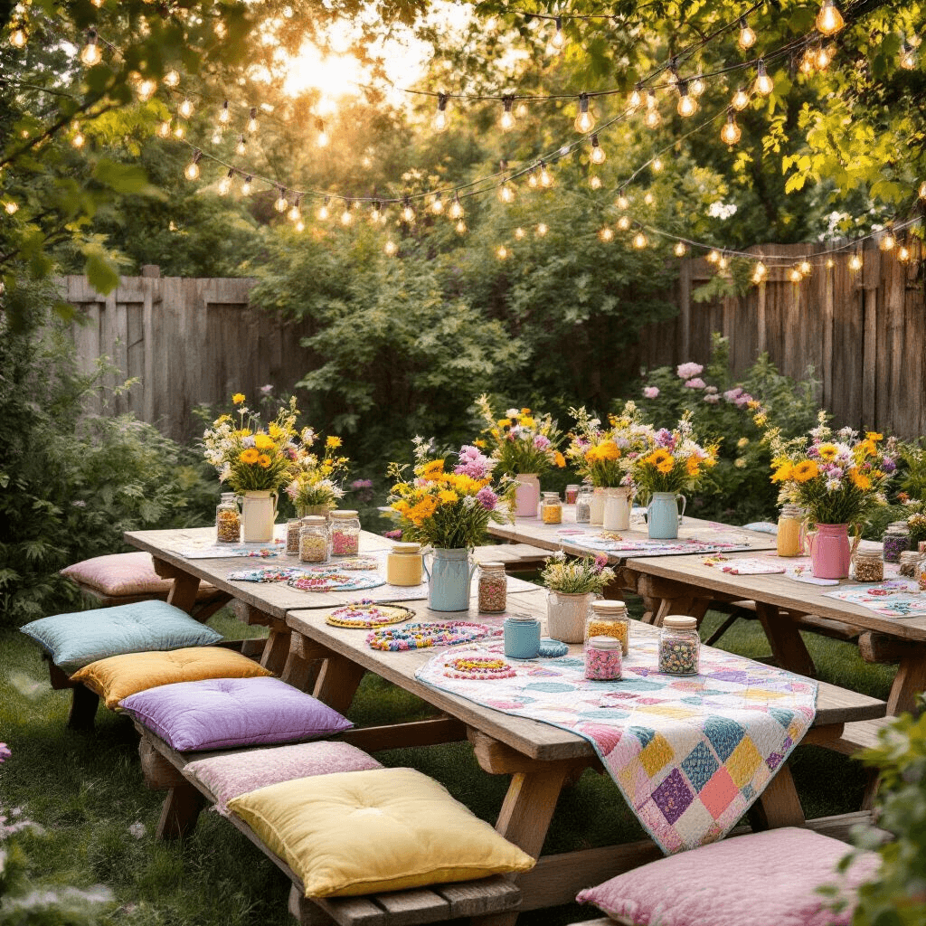 A cozy backyard garden at golden hour featuring a Taylor Swift friendship bracelet making party, with low wooden picnic tables adorned with vintage quilted runners, colorful craft supplies in mason jars, pastel floor cushions, string lights overhead, and wildflower arrangements in teacups, all creating a whimsical atmosphere.