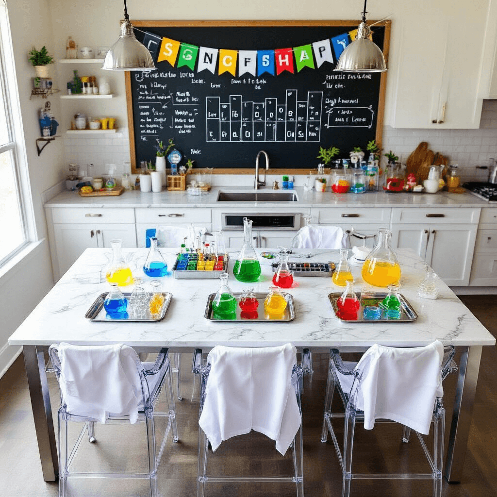 A modern kitchen island reimagined as a vibrant science laboratory party venue, featuring colorful chemical solutions in glass beakers, stylish lab coats hanging from acrylic chairs, and a backdrop with chalkboard signage and a periodic table banner, all illuminated by natural light.