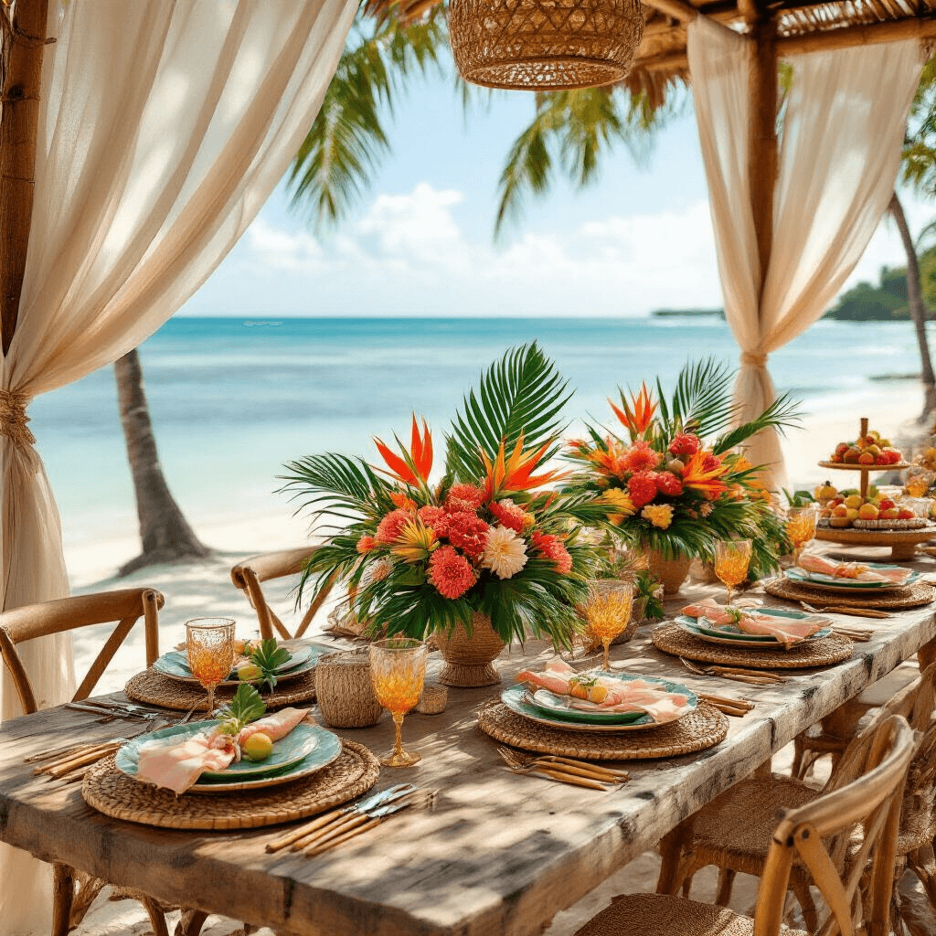 The Ultimate Guide to Creating a Showstopping Birthday Party Tropical birthday celebration on a beachfront with rustic wooden tables, exotic floral centerpieces, woven rattan chargers, and bamboo glassware, featuring a vibrant terracotta and sage green color palette. Flowing sheer curtains, tiki torches, and a dessert cart with tropical fruits add to the festive atmosphere, complemented by natural textures, custom surfboard signage, and scattered seashells.