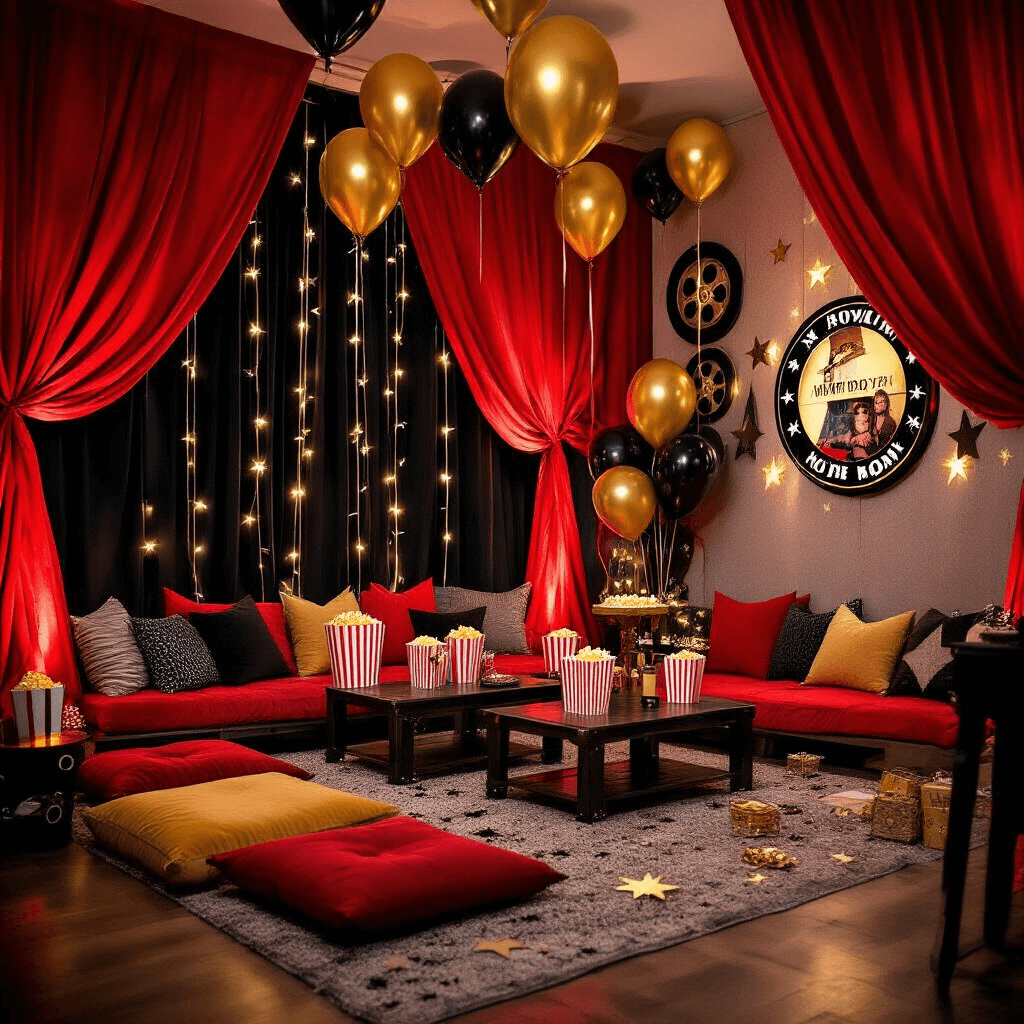 The Ultimate Guide to Creating a Showstopping Birthday Party A cozy transformed living room decorated for a movie-themed birthday party, featuring bold primary colors, red velvet draping, gold and black accents with metallic balloons, vintage popcorn containers as centerpieces, and warm string lights, all creating a glamorous cinematic atmosphere.
