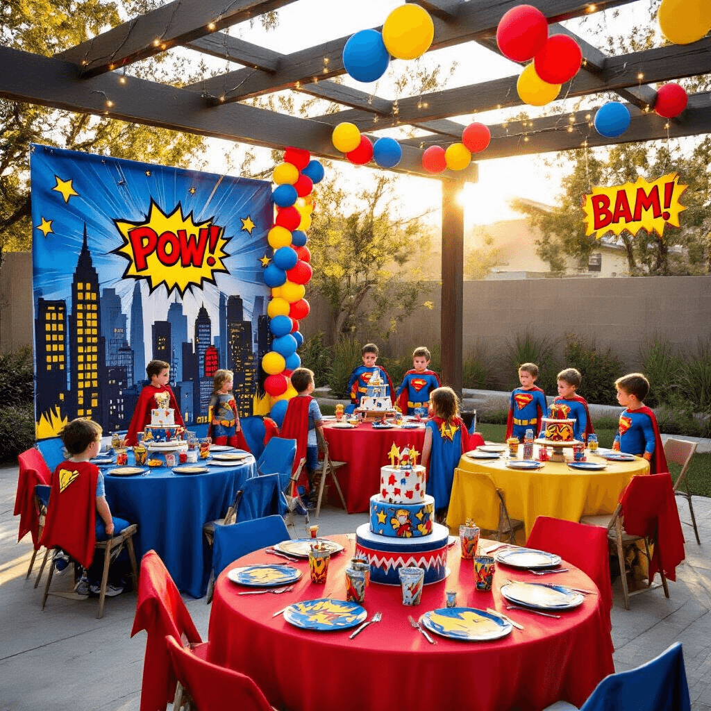 Throw an Unforgettable 10th Birthday Bash: The Ultimate Party Guide A vibrant superhero-themed 10th birthday party in a modern backyard, featuring round tables with red, blue, and yellow linens, comic book centerpieces, and children in superhero costumes around a tiered cake display. A dramatic city skyline backdrop, colorful balloon garlands, and fairy lights create a festive atmosphere during golden hour.