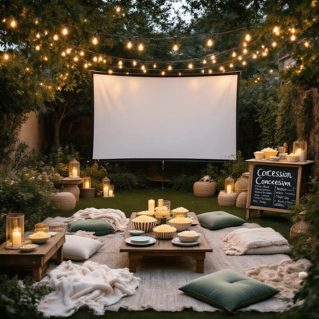 Throw an Unforgettable 10th Birthday Bash: The Ultimate Party Guide Cinematic overhead view of a cozy backyard movie night setup with a large white screen, plush blankets in cream and sage green, rustic wood tables with popcorn stations, string lights above, and a DIY concession cart, all illuminated by soft evening lights.
