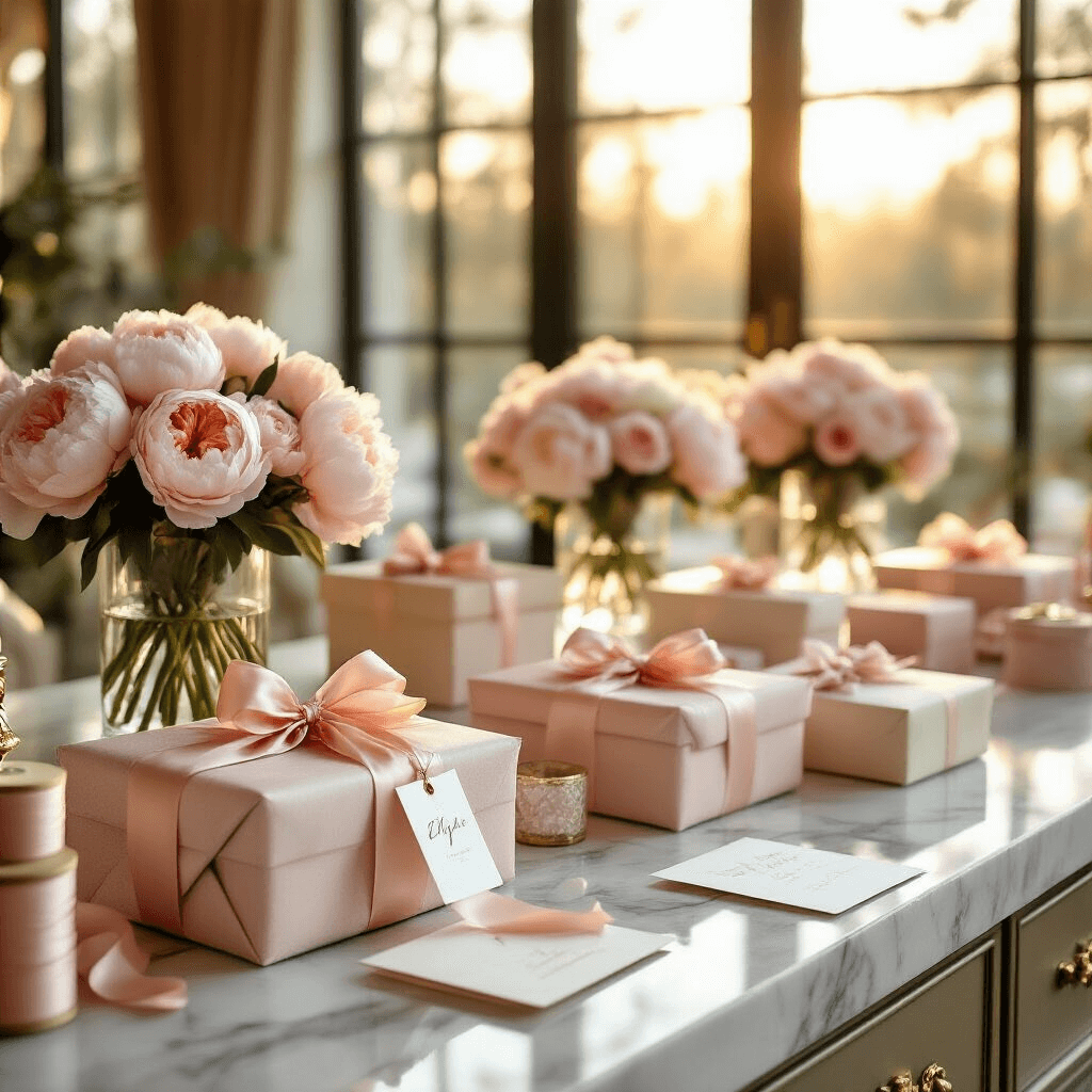 Ultimate Gift Guide 2025: Trending Presents for Every Personality Elegant indoor ballroom gift wrapping station featuring marble countertops, silk ribbon spools in blush pink and cream, luxury wrapped presents with personalized tags, crystal vases with fresh peonies, and warm natural light streaming through tall windows.