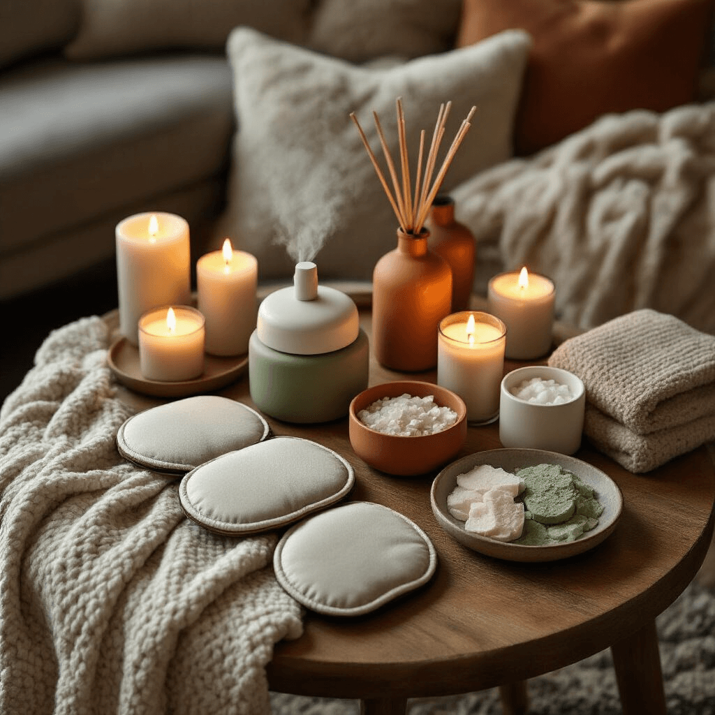 Ultimate Gift Guide 2025: Trending Presents for Every Personality Overhead view of a cozy living room with a round wooden table displaying self-care gifts, including weighted sleep masks, aromatherapy diffusers, and luxury shower steamers in terracotta and sage colors, surrounded by plush pillows and cashmere blankets, with flickering candles and ceramic dishes holding custom bath salts.