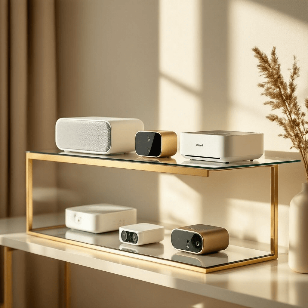 Ultimate Gift Guide 2025: Trending Presents for Every Personality Cinematic showcase of modern tech gifts on sleek glass shelves, featuring portable speakers, instant photo printers, and smart home devices, all set against a minimalist backdrop with a gold and ivory color scheme, illuminated by soft morning light.