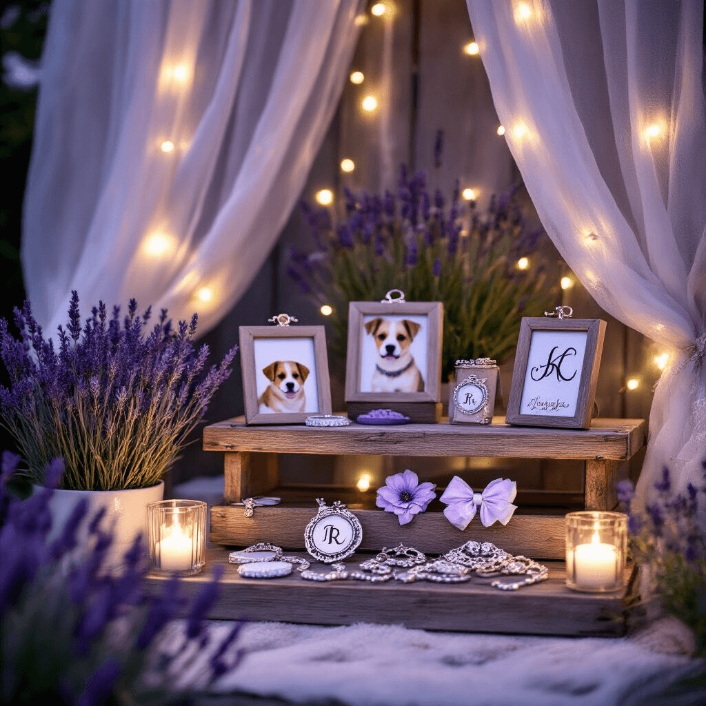 Ultimate Gift Guide 2025: Trending Presents for Every Personality Close-up of a cozy backyard gift corner at night, featuring rustic wooden displays of custom pet portraits and monogrammed accessories, all set in a lavender and silver palette with sheer drapery. String lights enhance the magical atmosphere, while fresh lavender sprigs add organic texture.