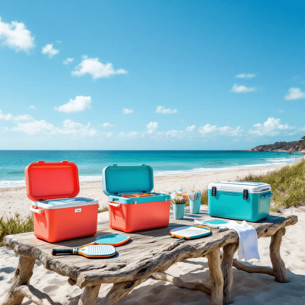 Ultimate Gift Guide 2025: Trending Presents for Every Personality Wide-angle view of a beachfront gift presentation featuring coolers, pickleball paddles, and neck fans on driftwood tables, with an ocean backdrop and a bold coral and turquoise color scheme, accented by fluttering linen napkins and vibrant natural sunlight.