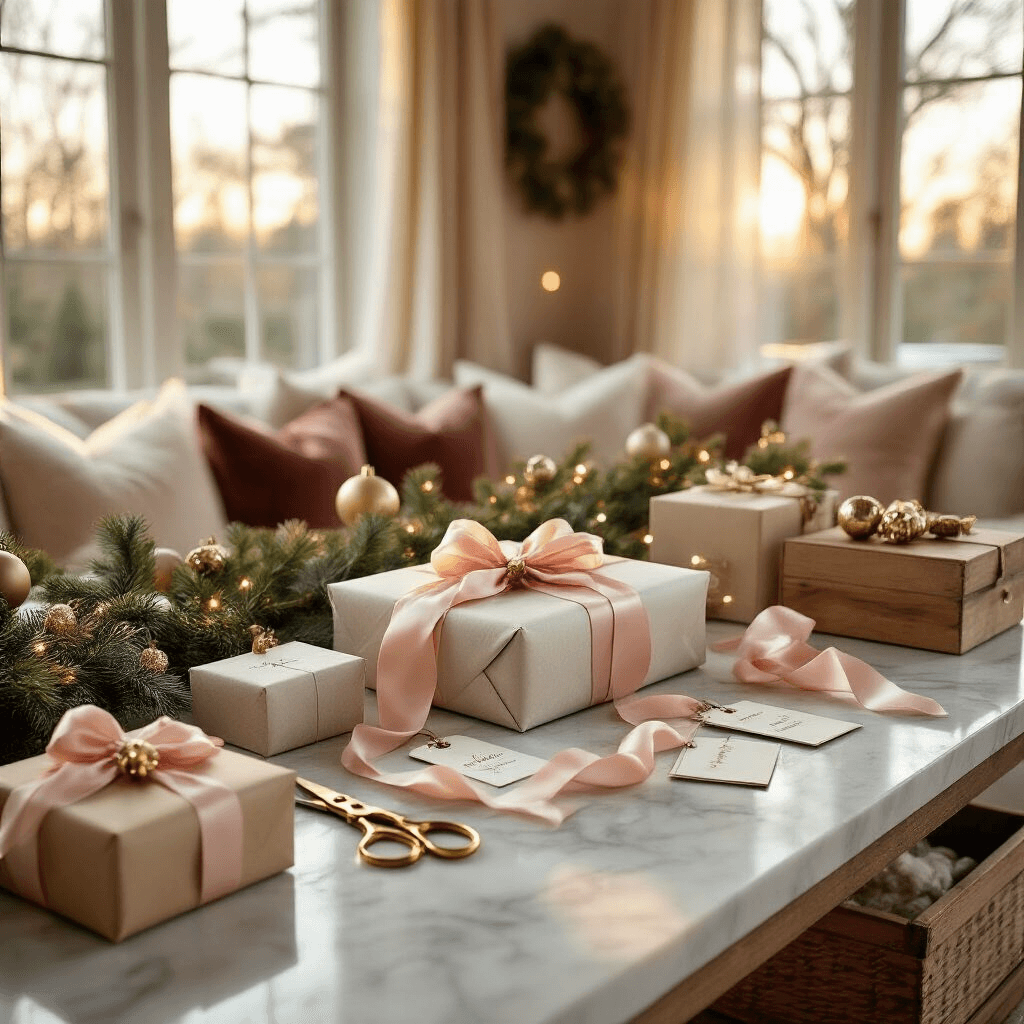Hottest Christmas Gift Ideas for 2025: The Ultimate Buying Guide Elegant Christmas gift wrapping station in a cozy living room bathed in golden hour light, featuring a marble countertop adorned with silk ribbons, vintage brass scissors, personalized gift tags, and beautifully wrapped presents, with soft sunlight highlighting fresh pine garland and decorative glass ornaments amidst a backdrop of velvet cushions and sheer curtains.
