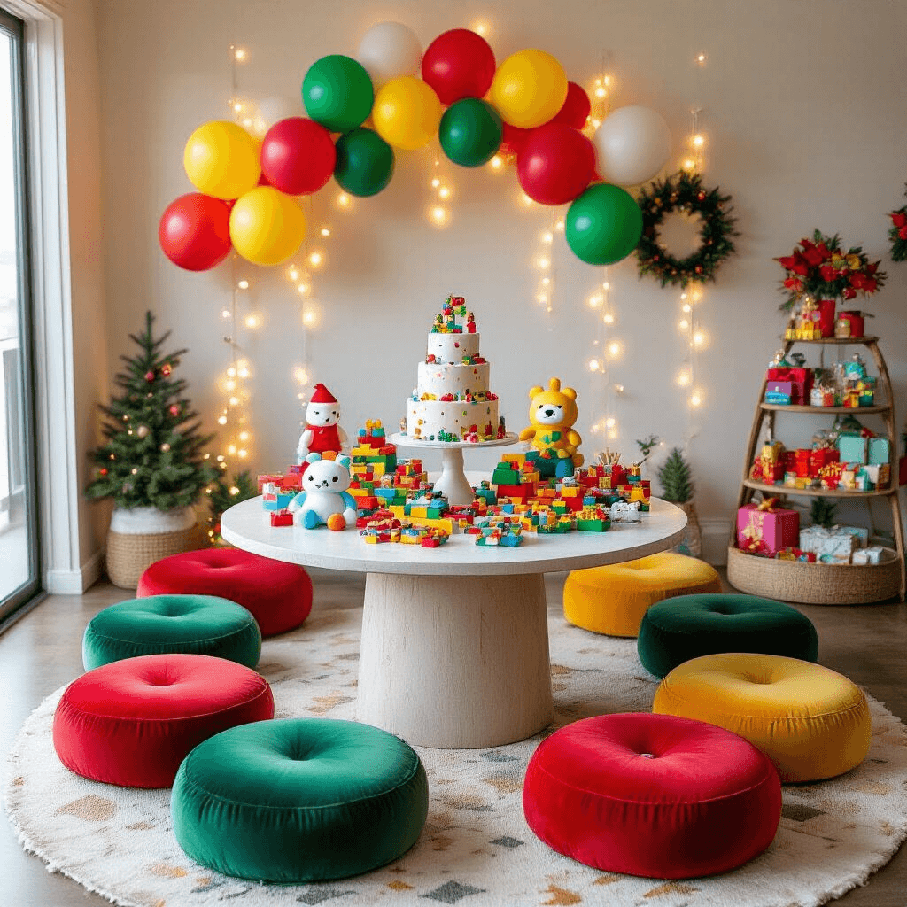 Hottest Christmas Gift Ideas for 2025: The Ultimate Buying Guide Overhead view of a colorful children's Christmas party setup featuring a low round table adorned with primary-colored balloons, Squishmallows, and LEGO Botanical party favors, surrounded by bright velvet floor cushions. The space is illuminated by fairy lights and decorated with bold red, green, and gold accents, including shimmering streamers and a tiered cake display.