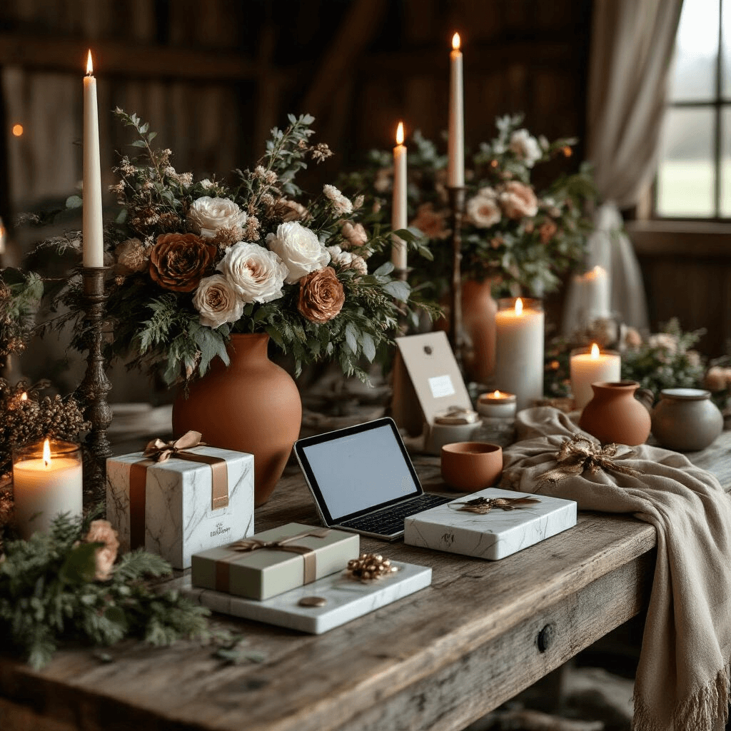 Hottest Christmas Gift Ideas for 2025: The Ultimate Buying Guide Close-up of a luxury Christmas gifting display on a rustic barn wooden table, featuring designer accessories, fresh florals in terracotta and sage tones, premium tech gadgets, and gourmet items, all enhanced by moody candlelight and elegant marble accents.