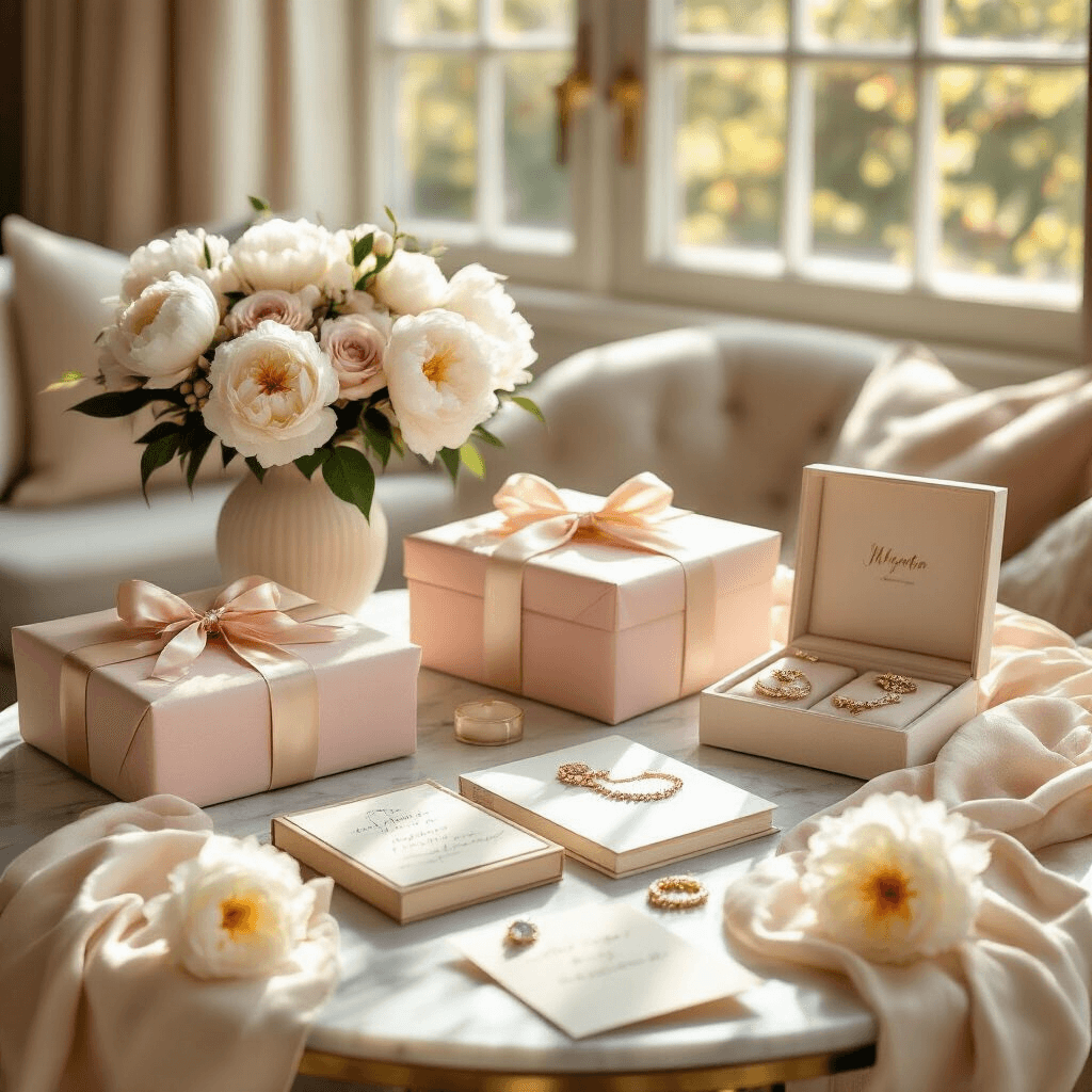 Overhead view of a cozy living room birthday gift table featuring elegantly wrapped personalized gifts in blush pink and cream, custom memory books, birthstone jewelry, and fresh white peonies, all bathed in warm golden hour light.