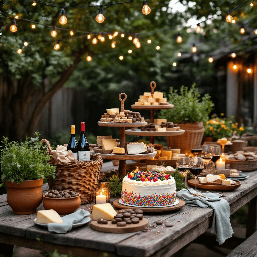 A beautifully arranged gourmet birthday spread on a rustic wooden table, featuring artisanal baskets of chocolates, wines, and cheeses, with a rainbow sprinkle cake at the center, surrounded by soft fairy lights and a warm evening ambiance.