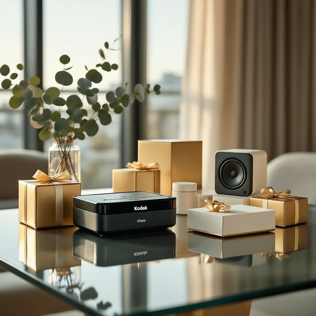 Cinematic close-up of a modern tech gift display on a sleek glass dining table, featuring a KODAK instant printer, Bluetooth speakers, and personalized accessories in gold and ivory packaging, accented by fresh eucalyptus branches and geometric gift boxes in a luxe minimal setting with soft morning light.