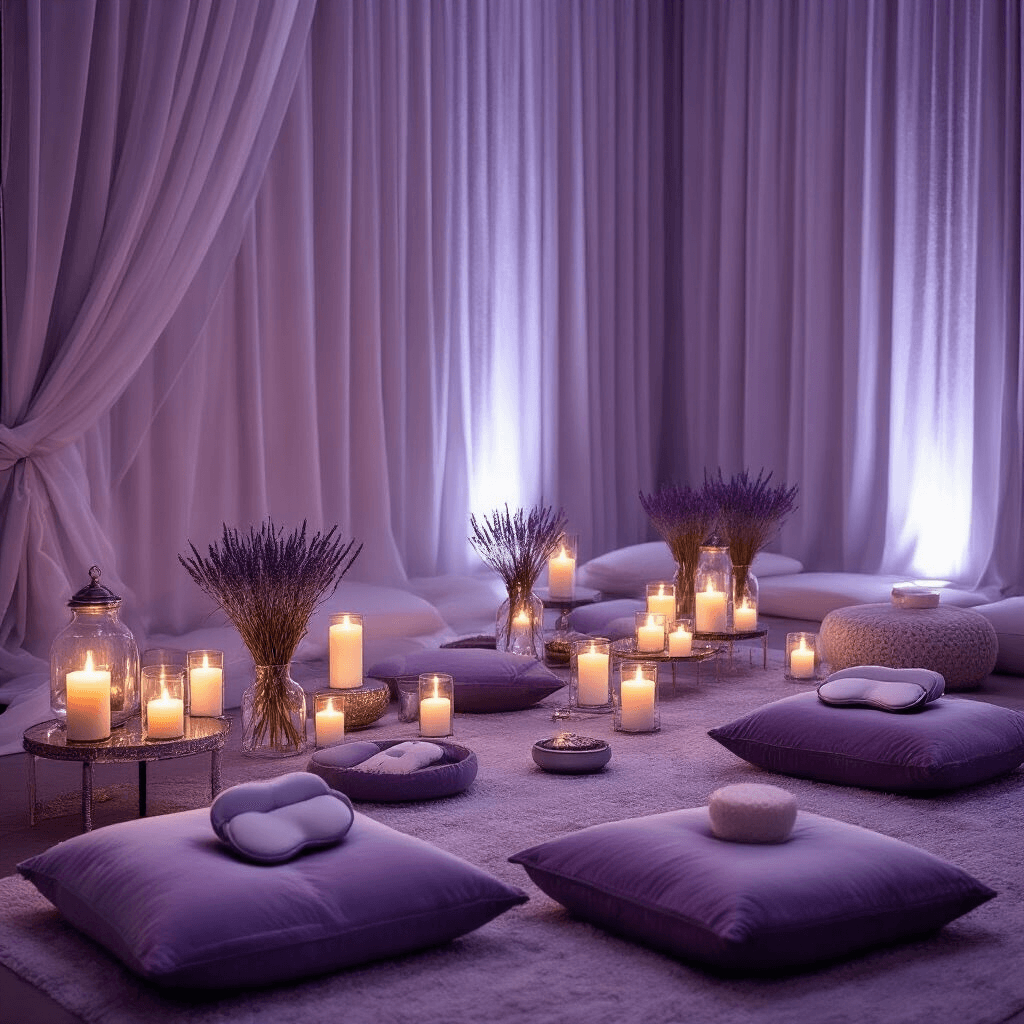 Moody indoor scene of a wellness spa birthday setup featuring a lavender and silver color scheme, with aromatherapy products, weighted sleep masks, and essential oil diffusers on low tables surrounded by floor cushions, layered with velvet textiles and fresh lavender, against a sheer drapery backdrop and illuminated by soft pillar candlelight, creating a serene atmosphere.