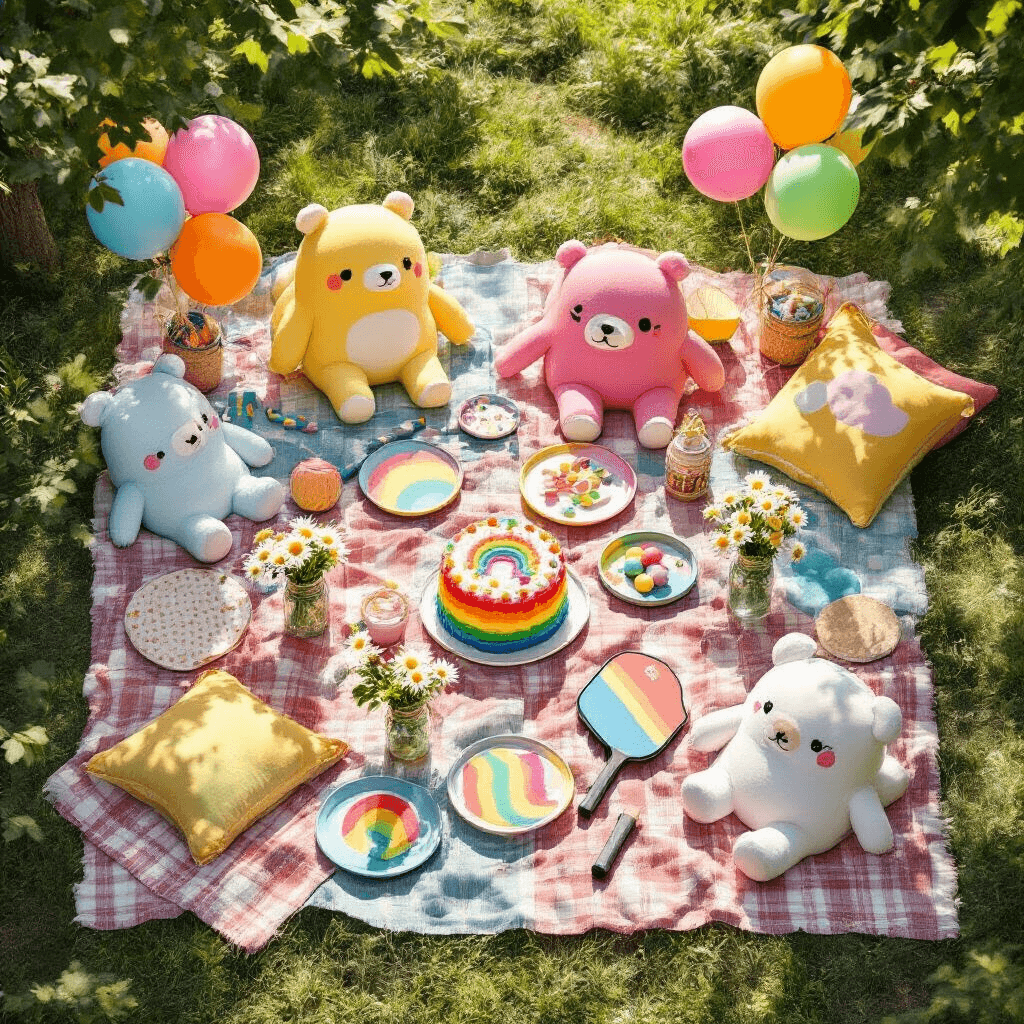 Overhead view of a whimsical birthday party in a garden, featuring bold primary colors, Squishmallows, craft supplies, and pickleball paddles on picnic blankets. Bright balloons, streamers, and DIY decorations create a festive atmosphere, with ceramic plates of rainbow cake slices and mason jars of fresh daisies enhancing the joyful scene.