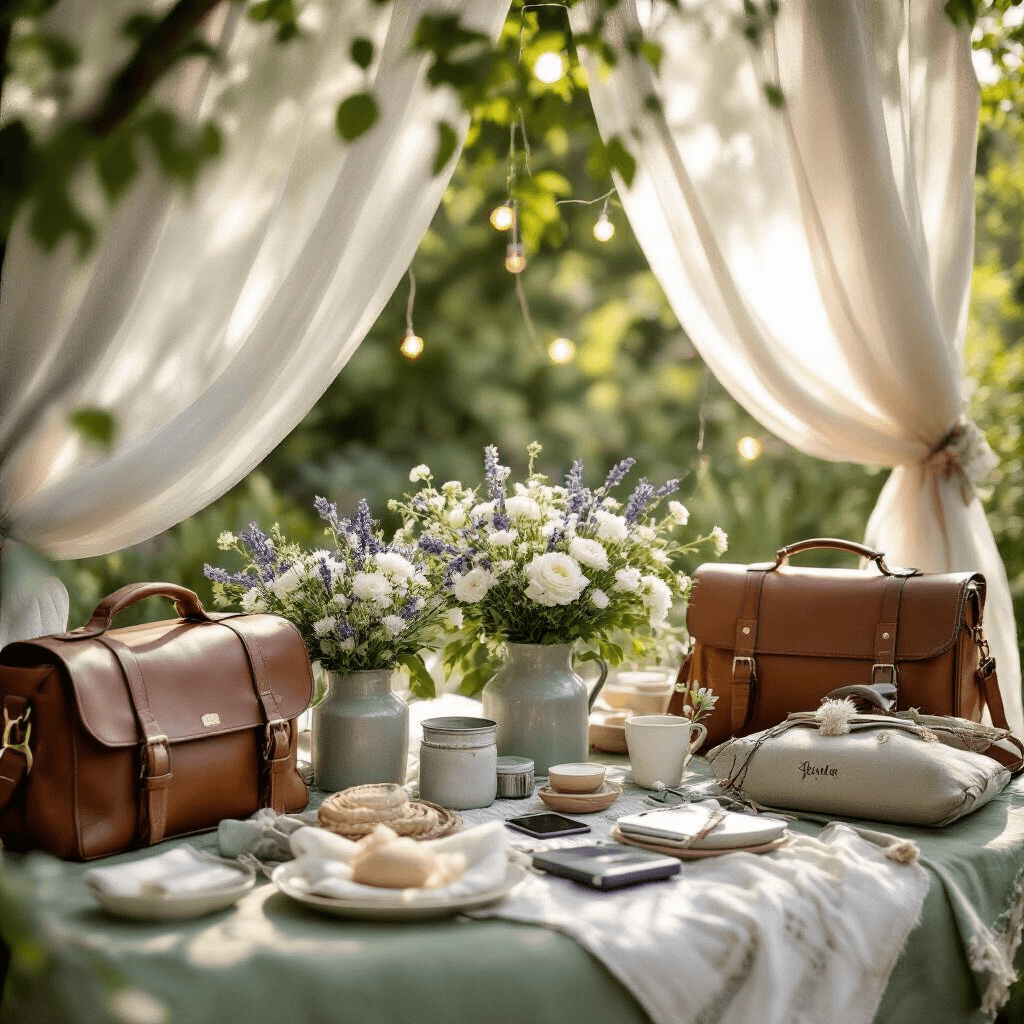 Best Anniversary Gift Ideas for Him: Personalized Presents That Wow Close-up detail of a picnic-style anniversary setup in an outdoor garden, featuring sage green linens, adventure gear, travel bags, and tech gadgets. Soft morning light highlights sheer drapery, fairy lights, and fresh white florals in ceramic vessels, while natural sunlight filters through overhead greenery, showcasing the intricate textures of leather goods and personalized engravings.