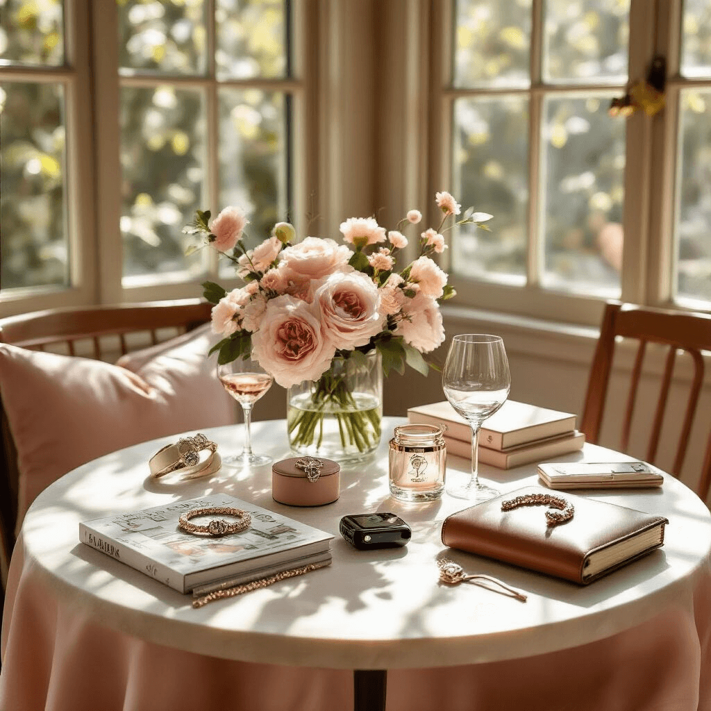 Best Anniversary Gift Ideas for Him: Personalized Presents That Wow Intimate dining nook set for two, featuring a small round table adorned with luxury anniversary gifts, blush pink and cream florals, and personalized elements, all illuminated by midday sun filtering through windows.