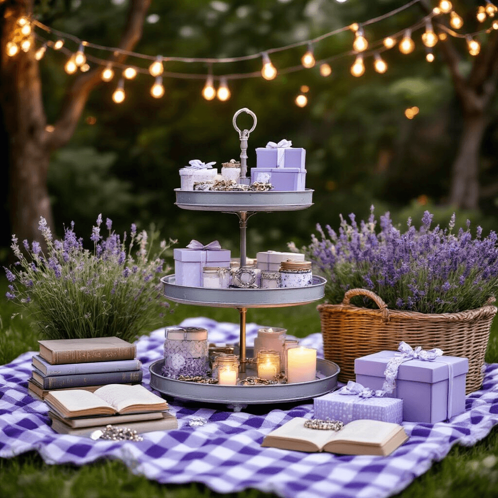 25 Best Friend Gift Ideas That Will Make Them Smile in 2025 A charming backyard picnic setup featuring a tiered display cart filled with Etsy treasures, charm bracelets, and gift boxes on a checkered blanket, illuminated by string lights overhead. The scene showcases a lavender and silver color palette with fresh wildflowers, vintage books, and personalized items, creating a whimsical atmosphere celebrating friendship.