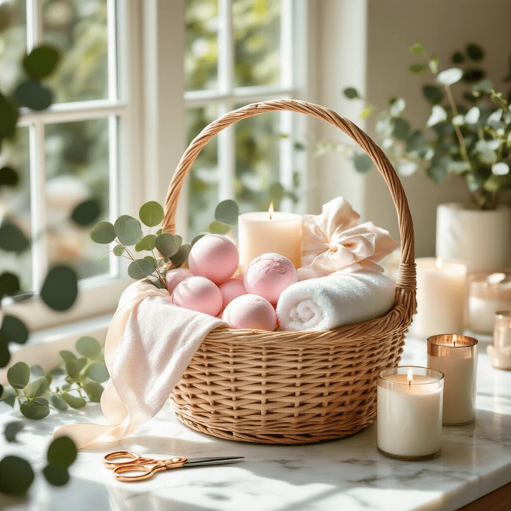 Overhead view of a luxury spa-themed gift basket filled with blush pink bath bombs, cream towels, and ivory candles on a marble countertop, accented by eucalyptus sprigs, rose gold scissors, and sheer ribbon in soft morning light.