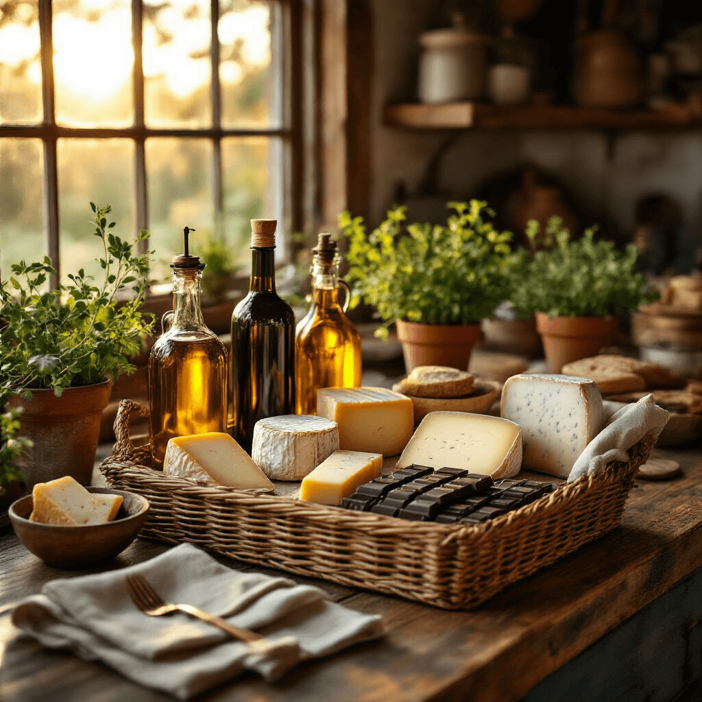 Cinematic wide-angle shot of a gourmet foodie basket in a rustic kitchen, featuring artisan cheeses, olive oil bottles, chocolate bars, and fresh herbs, all bathed in warm golden hour sunlight.