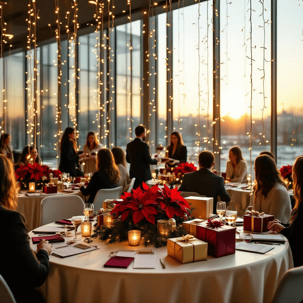 Top Secret Santa Gifts: The Ultimate Guide to Memorable Presents in 2025 Cinematic wide-angle view of a modern glass-walled conference room during a holiday party, featuring elegantly dressed round tables with ivory silk linens, golden and burgundy wrapped gifts, warm fairy lights, deep red poinsettias, and employees engaged in a Secret Santa gift exchange.