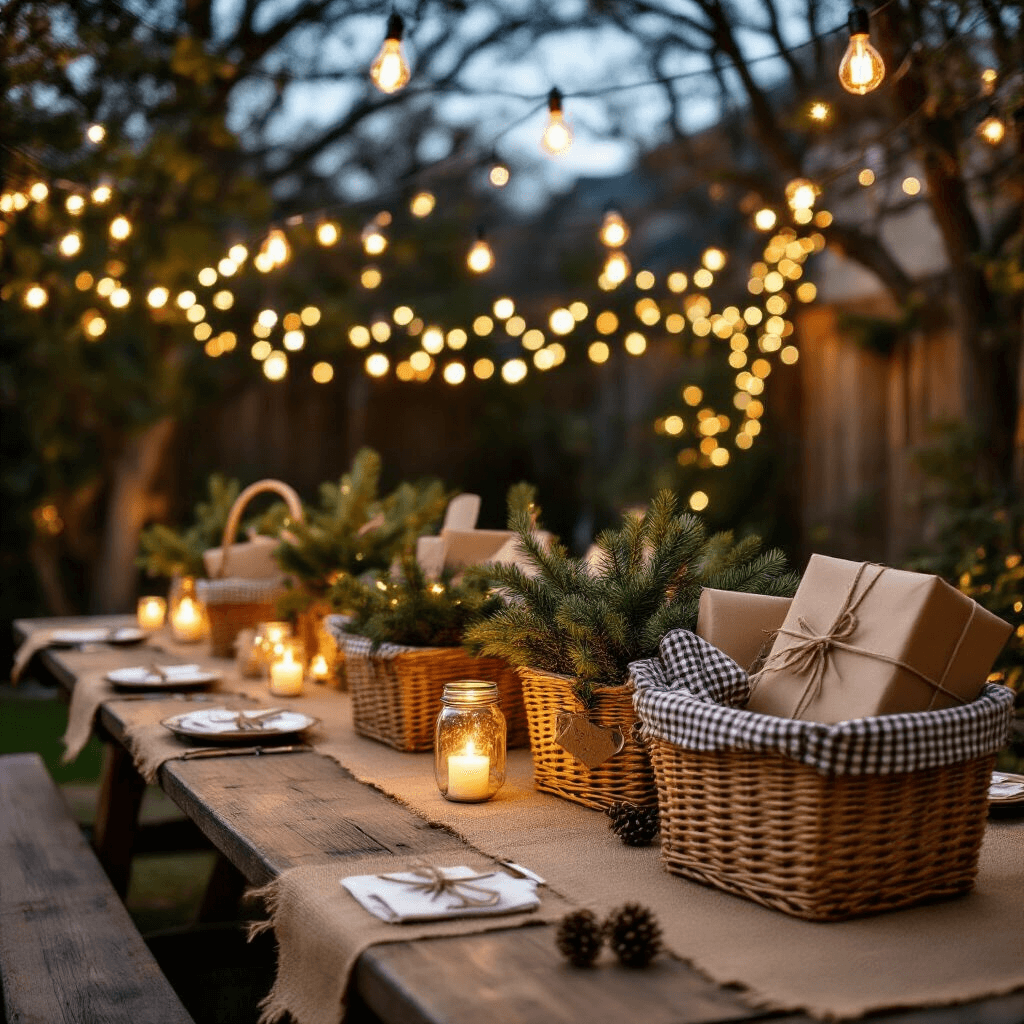 Top Secret Santa Gifts: The Ultimate Guide to Memorable Presents in 2025 Close-up of a cozy Secret Santa reveal in a stylish twilight backyard, featuring long picnic tables with burlap runners and mason jar centerpieces, gift baskets with practical brown paper-wrapped presents, warm candlelight, and Edison bulb lighting.