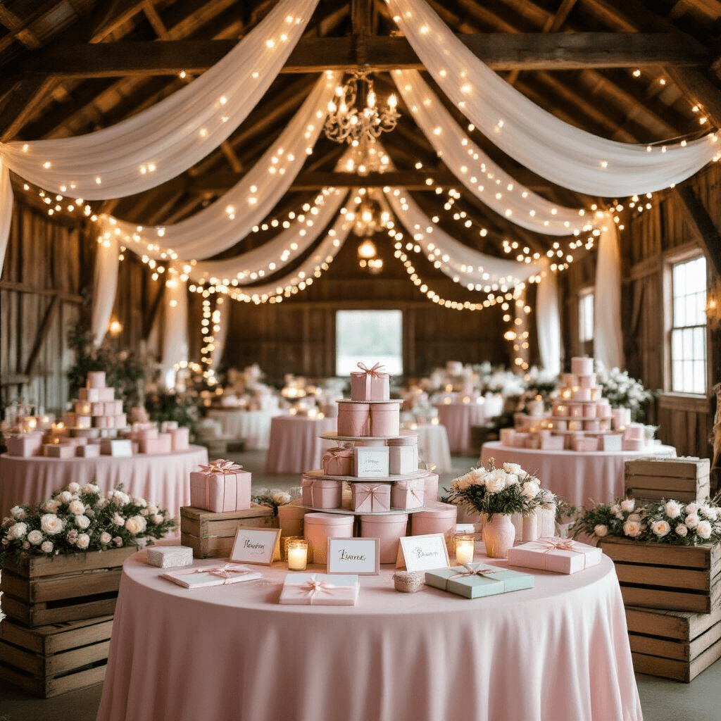 Top Secret Santa Gifts: The Ultimate Guide to Memorable Presents in 2025 A whimsical Secret Santa party in a rustic barn, adorned with fairy lights and white drapery, featuring round tables with blush pink linens, tiered gift displays, vintage wooden crates filled with wrapped presents, and romantic floral arrangements under soft evening lighting.