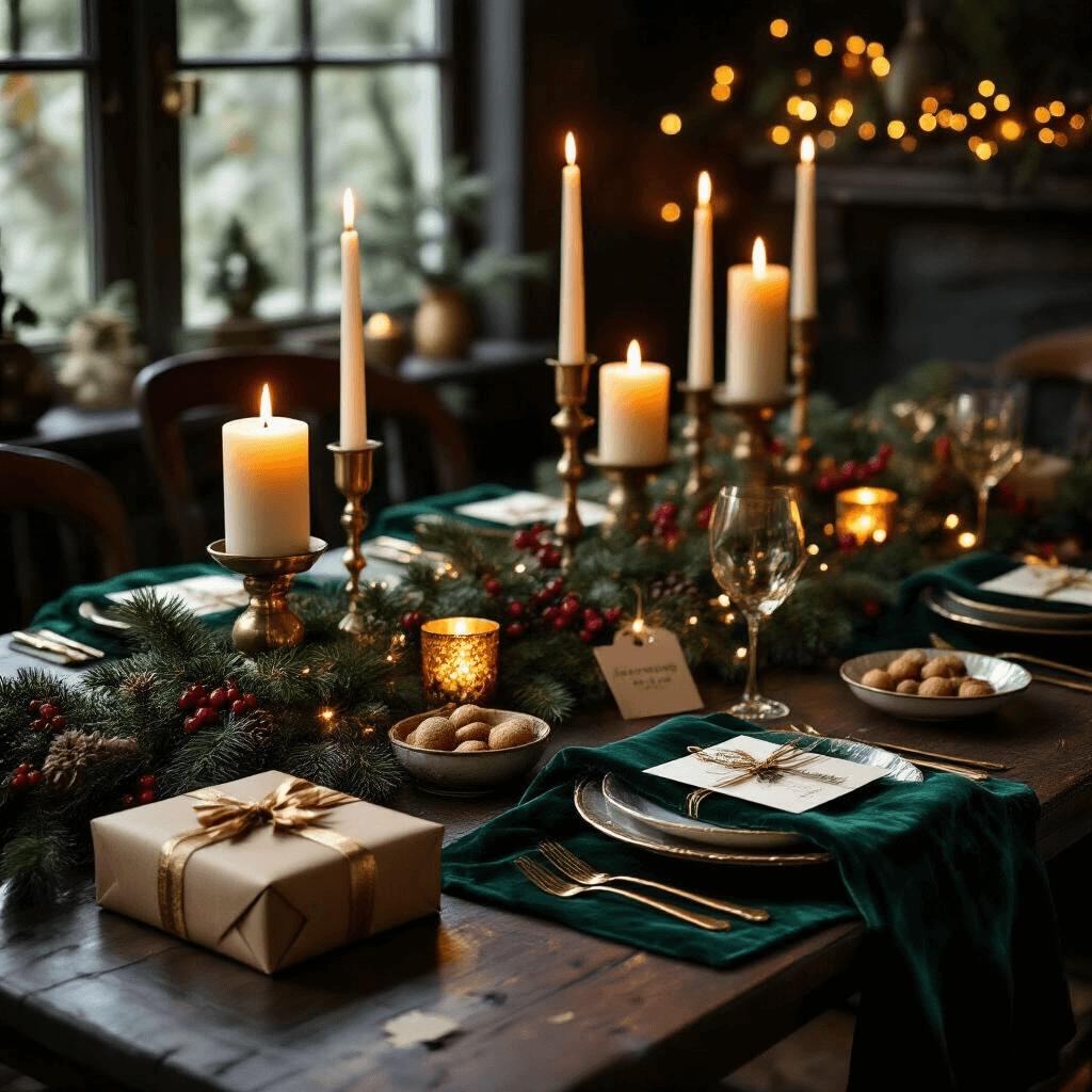 Top Secret Santa Gifts: The Ultimate Guide to Memorable Presents in 2025 Moody candlelit dining nook set for a Secret Santa gift exchange, featuring a dark wooden table adorned with deep emerald linens and gold accents, showcasing wrapped gifts with velvet ribbon and kraft paper, alongside ceramic dishes of seasonal treats, illuminated by brass pillar candles and gold fairy lights intertwined with pine and holly berries.