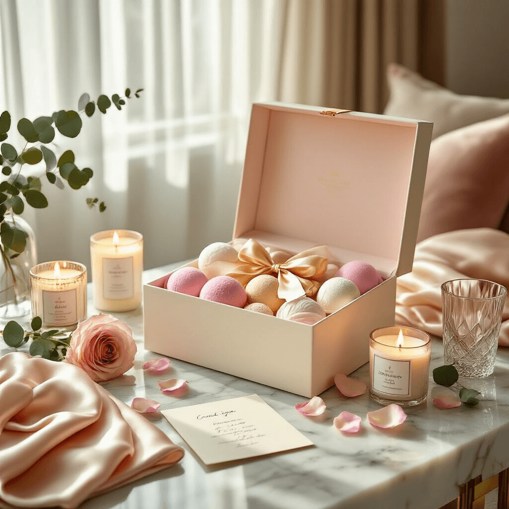 20 Incredible Gift Box Ideas That Will Blow Your Mind in 2025 A luxurious self-care gift box overflowing with bath bombs, silk eye masks, and aromatherapy candles is showcased on marble countertops in a bright modern apartment, with soft sunlight illuminating rose petals and eucalyptus sprigs, layered silk scarves, and velvet cushions, evoking spa-like tranquility.