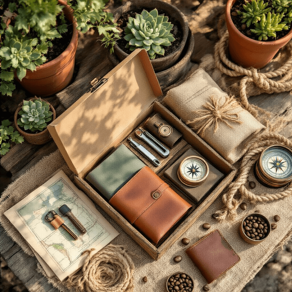 20 Incredible Gift Box Ideas That Will Blow Your Mind in 2025 Flat lay of an adventure gift box on rustic wood, featuring earth-toned packaging with multi-tools, leather journals, and outdoor gear, surrounded by succulents, vintage maps, and copper accents under warm golden hour lighting.