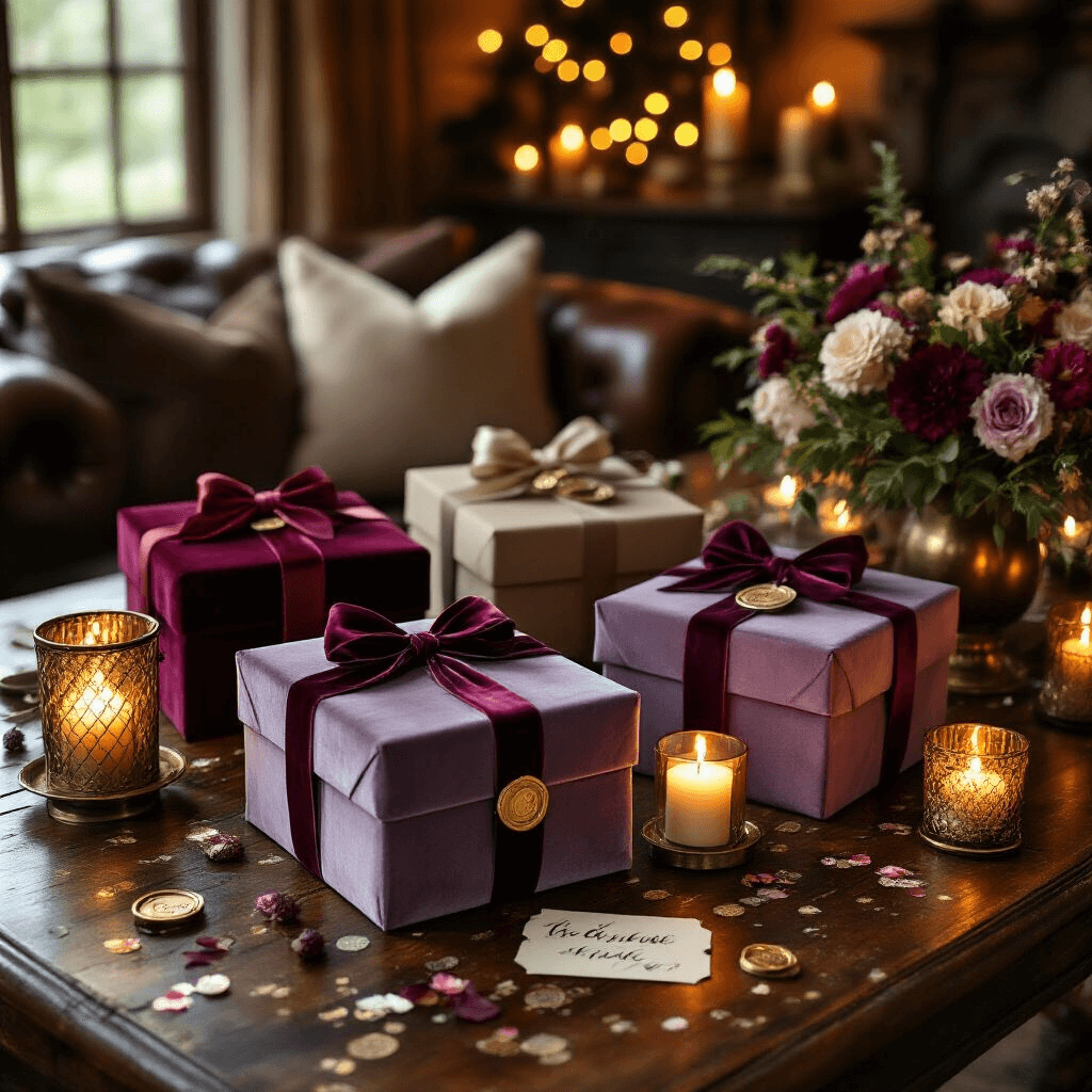 20 Incredible Gift Box Ideas That Will Blow Your Mind in 2025 Moody candlelit scene of themed gift boxes with velvet ribbons on a vintage wooden dining table, surrounded by fairy lights, aged leather, brass candle holders, fresh florals, and styled with calligraphy tags and wax seals, creating an intimate and festive ambiance.