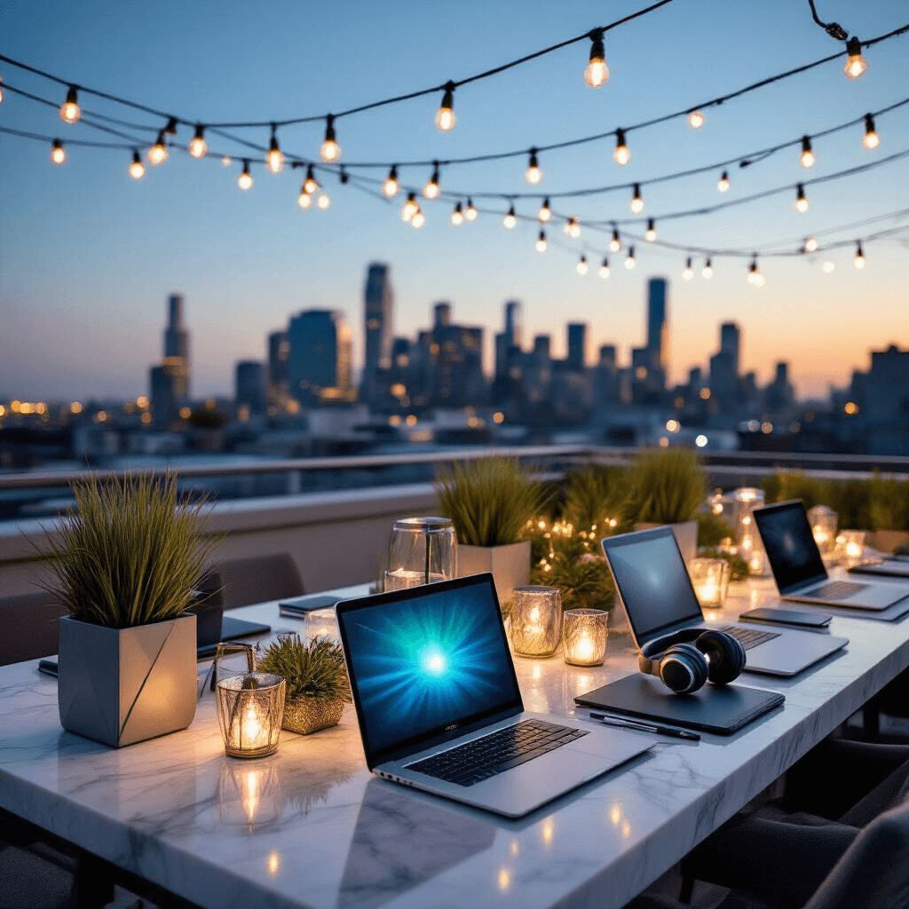 Graduation Gift Guide: The Ultimate Selection for Every Graduate Contemporary rooftop terrace graduation party at dusk featuring sleek tables with high-tech gifts, a sage green and silver color scheme, geometric planters, and urban skyline backdrop illuminated by fairy lights and ambient glow.