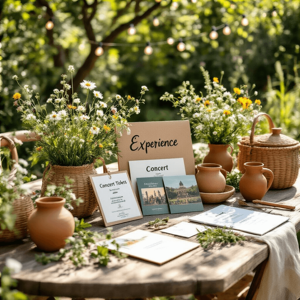 Graduation Gift Guide: The Ultimate Selection for Every Graduate Charming garden graduation gathering featuring rustic tables adorned with travel vouchers, concert tickets, and course certificates, surrounded by fresh greenery and wildflowers under natural midday sunlight, complemented by terracotta and sage decor, string lights, and handmade signage celebrating future adventures.