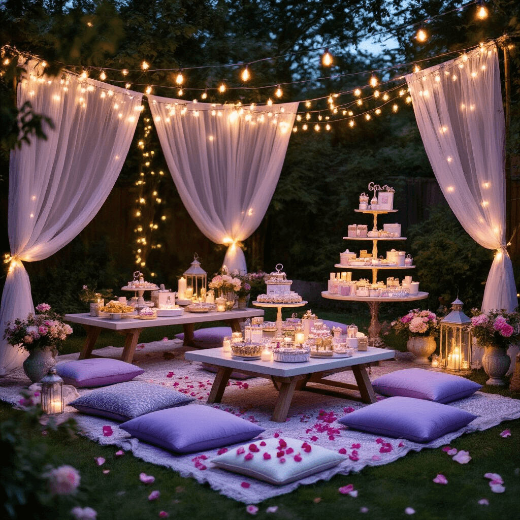 25 Best Friend Birthday Gift Ideas That'll Make Them Laugh, Cry, and Love You More Stylish backyard birthday setup featuring low picnic tables with lavender and silver floor cushions, string lights, a dessert cart with custom treats, self-care gift sets, sheer drapery, marble cake stands with personalized items, fresh florals, scattered rose petals, and vintage lanterns, all creating a cozy evening ambiance.