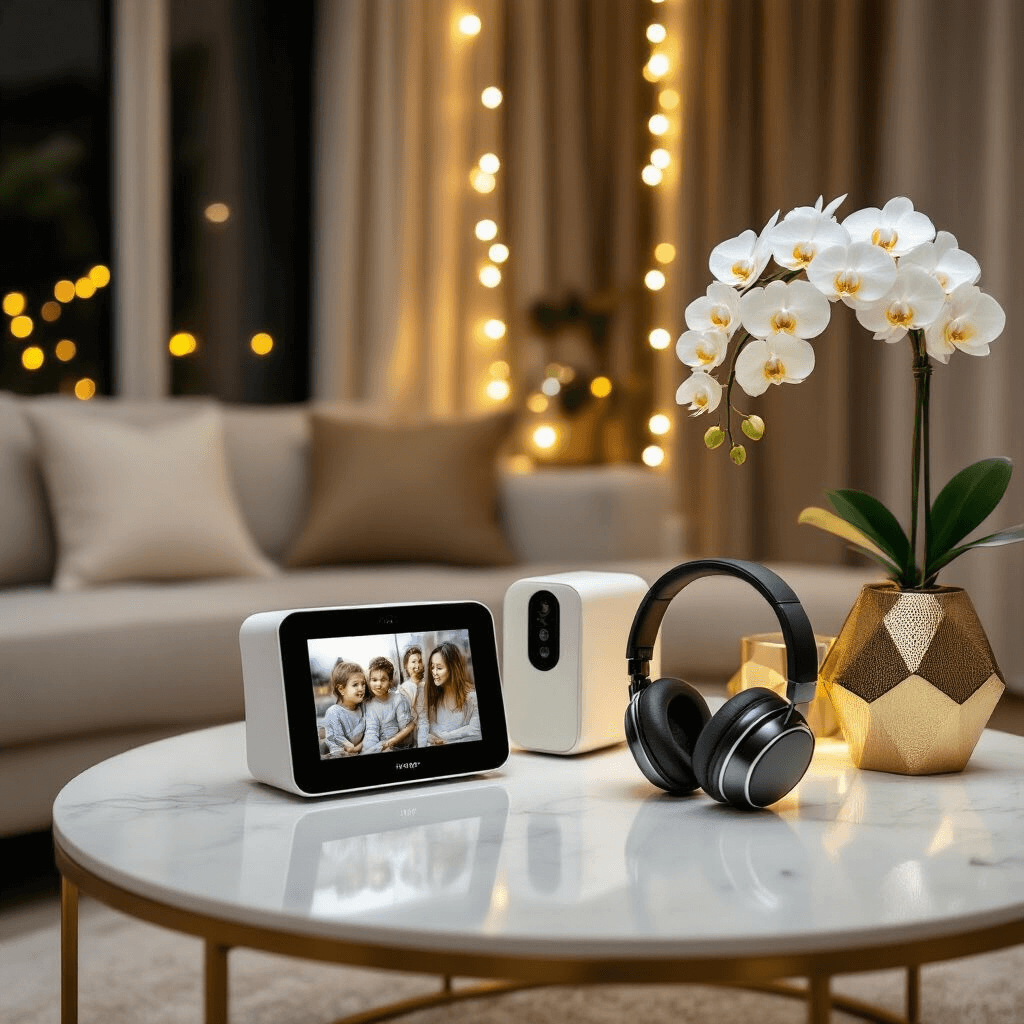 The Ultimate Mother's Day Gift Guide: Thoughtful Presents That Will Make Her Smile Modern apartment living room elegantly decorated for Mother's Day with a sleek coffee table displaying tech gifts like digital photo frames and wireless headphones, complemented by smart home devices, minimalist gold and ivory decor, fairy lights for ambiance, and geometric vases with white orchids.