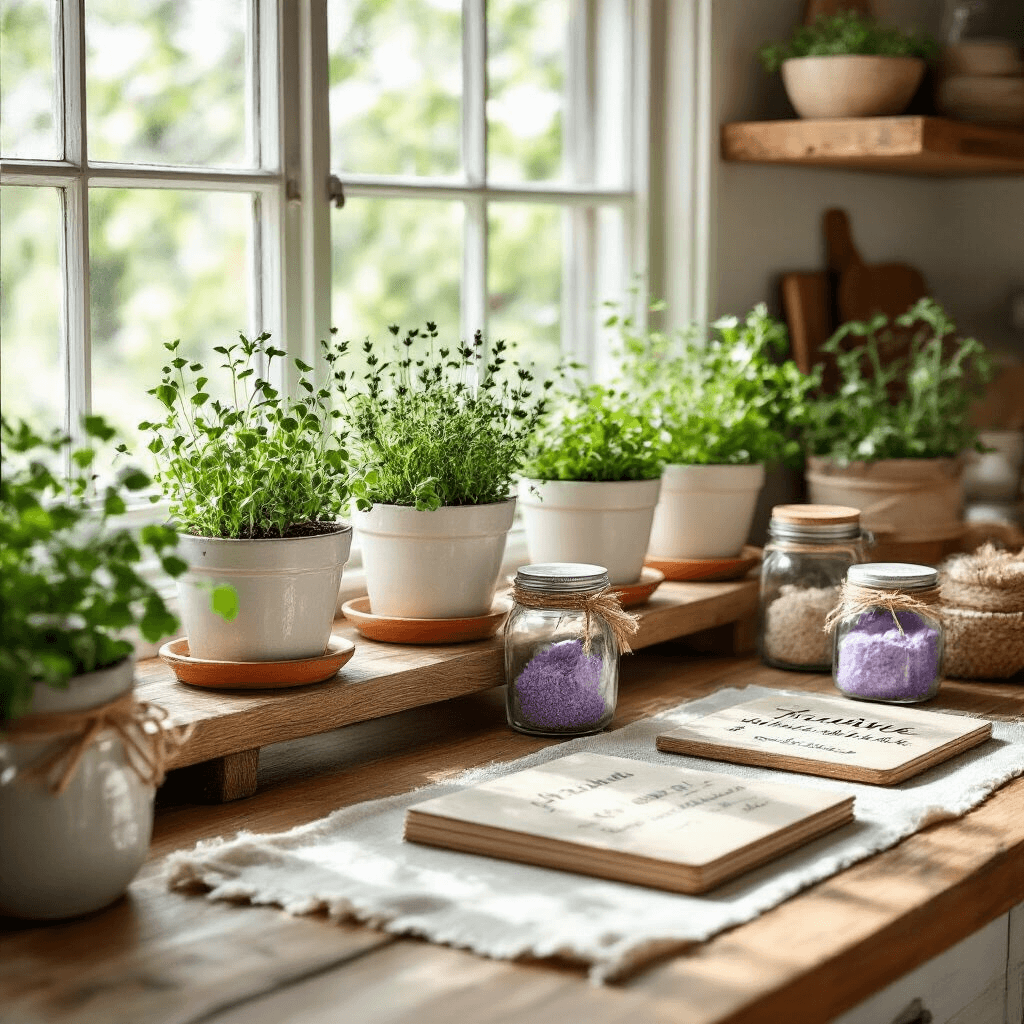 The Ultimate Mother's Day Gift Guide: Thoughtful Presents That Will Make Her Smile A cozy kitchen nook featuring hand-painted plant pots with fresh herbs on wooden shelves, personalized recipe books, custom photo coasters on a farmhouse table, and mason jars of homemade lavender bath salts tied with twine, all warmly lit by morning sunlight.