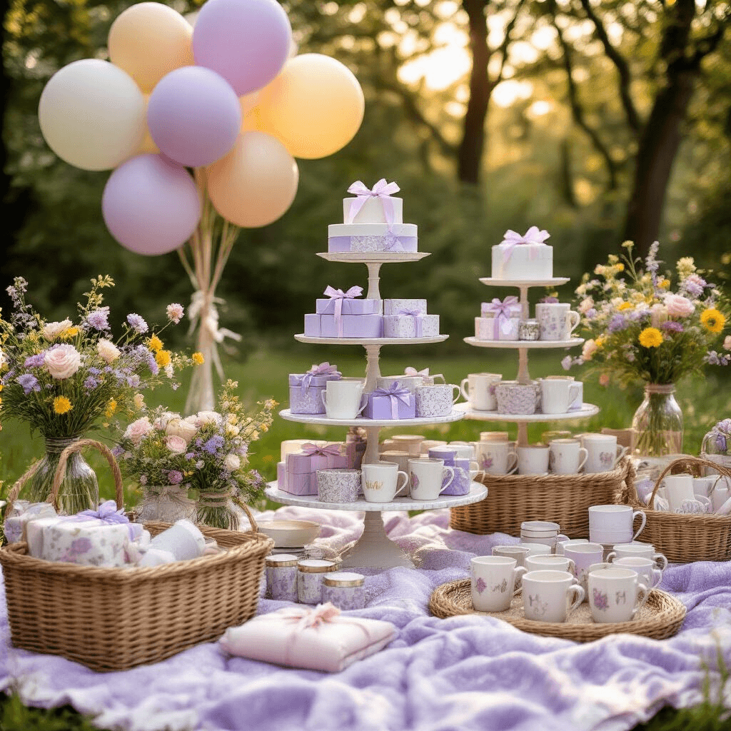 The Ultimate Mother's Day Gift Guide: Thoughtful Presents That Will Make Her Smile A whimsical garden party celebrating motherhood with a tiered cake stand showcasing diverse wrapped gifts, picnic blankets in lavender and silver, wicker baskets of personalized mugs and scented candles, wildflower centerpieces in vintage bottles, and pastel balloon clusters, all bathed in golden hour light filtering through trees.