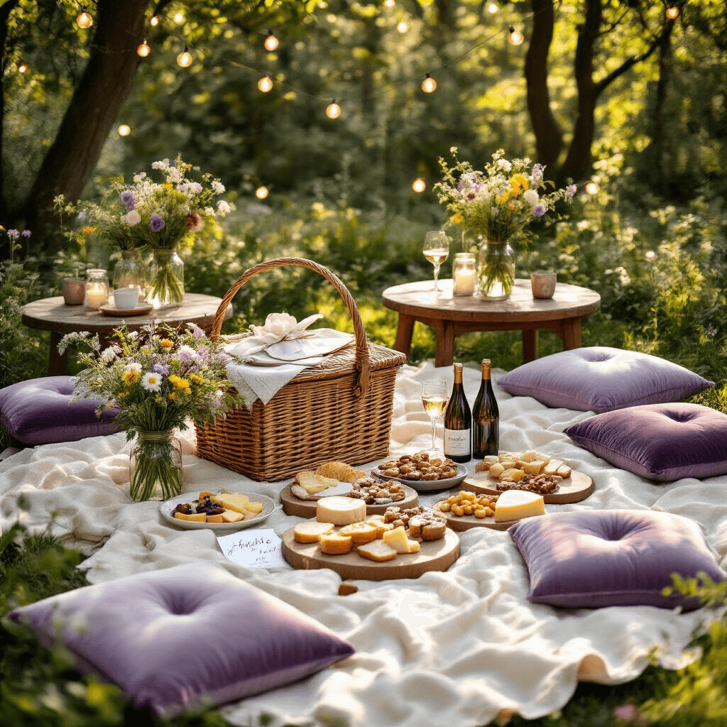 Ultimate Wedding Gift Guide for 2025: Thoughtful Presents That Wow Newlyweds An overhead view of a romantic outdoor picnic setup in a sun-dappled garden, featuring a vintage wicker basket on a cream linen blanket with gourmet treats, low wooden tables surrounded by lavender and silver velvet floor cushions, fresh wildflowers in mason jars, twinkling fairy lights, personalized wine bottles, handwritten notes, and artisanal cheese boards.