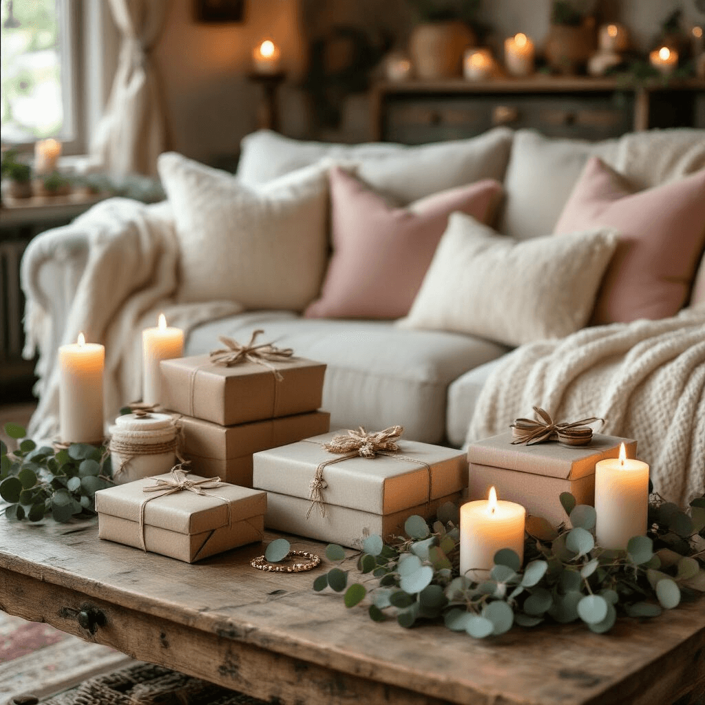 Ultimate Wedding Gift Guide for 2025: Thoughtful Presents That Wow Newlyweds A cozy living room gift display featuring a rustic wooden coffee table adorned with beautifully wrapped presents, handmade items, and sustainable gifts. Warm candlelight illuminates layers of cream throw blankets and blush pink cushions on a vintage sofa, while fresh eucalyptus garlands frame personalized photo albums and engraved jewelry boxes.