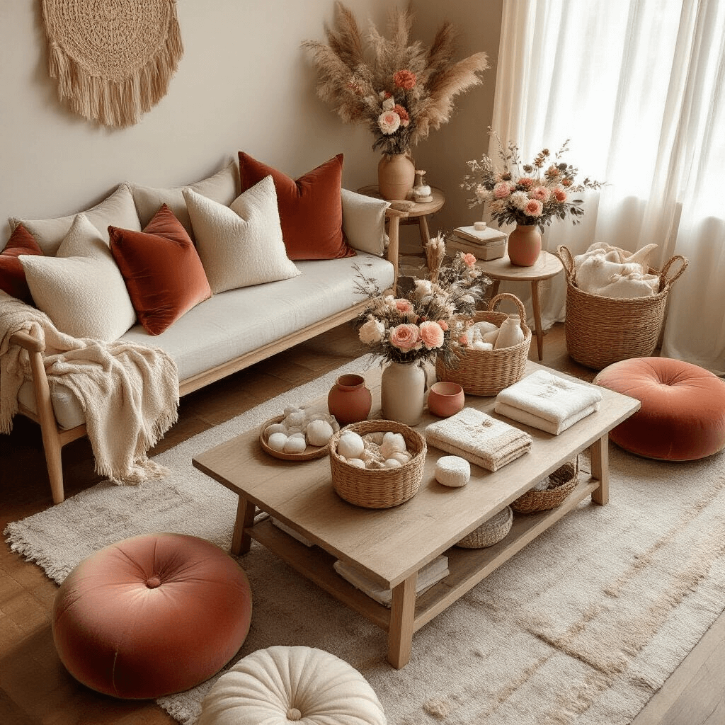 Unforgettable Baby Shower Gift Ideas: The Ultimate Guide to Delighting New Parents Overhead view of a cozy living room baby shower setup featuring a low wooden coffee table, velvet blush and cream cushions on hardwood floors, terracotta and sage color palette, handcrafted ceramics, personalized milestone blankets, layered textiles, DIY gift baskets filled with baby essentials, fresh florals in mason jars, and custom memory books, all illuminated by soft morning light.