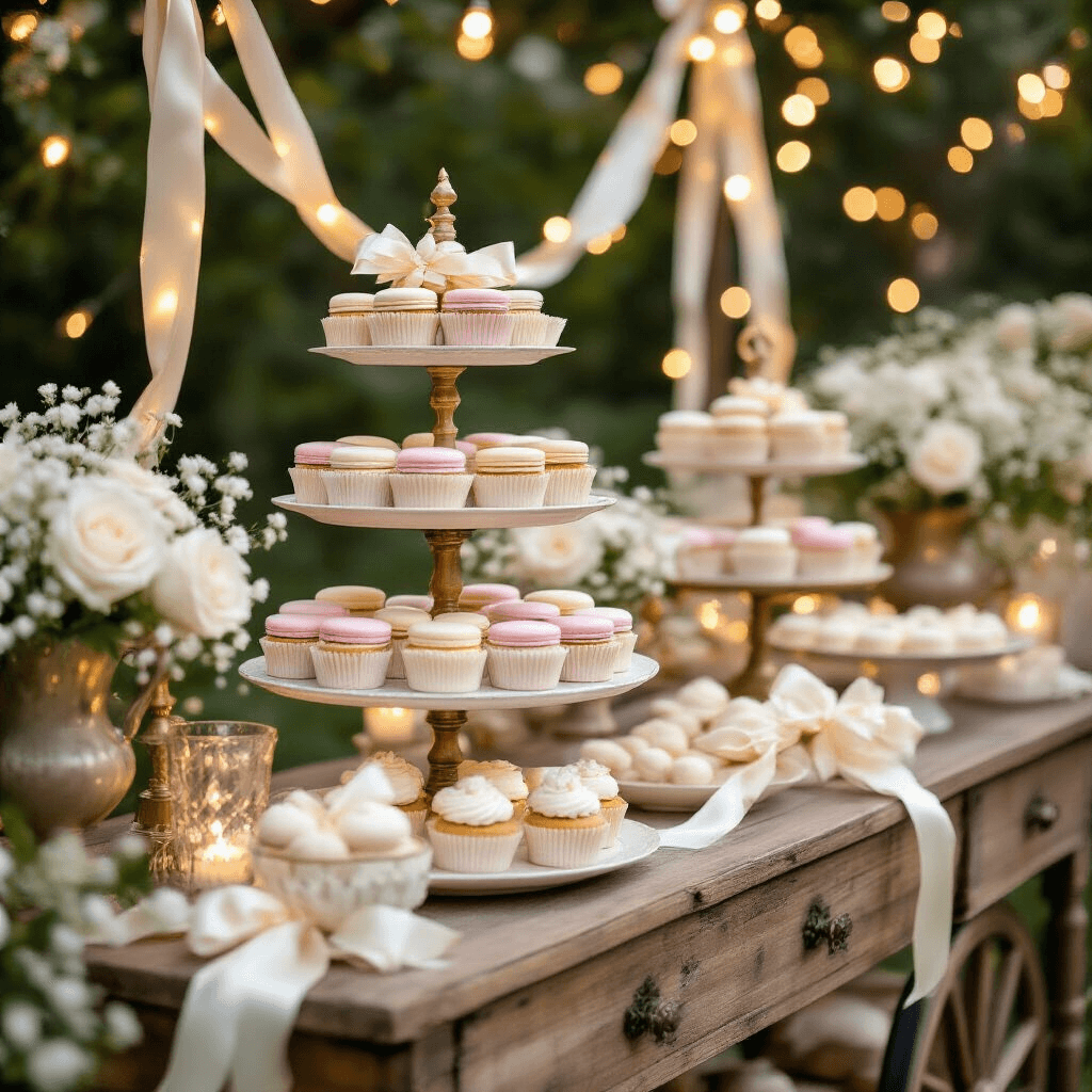 Unforgettable Baby Shower Gift Ideas: The Ultimate Guide to Delighting New Parents Close-up of a whimsical garden baby shower dessert station with pastel macarons and mini cupcakes on a rustic wooden cart, accented by gold and ivory decor, silk ribbon garlands, and warm string lights, alongside fresh white roses and baby's breath in antique vessels.